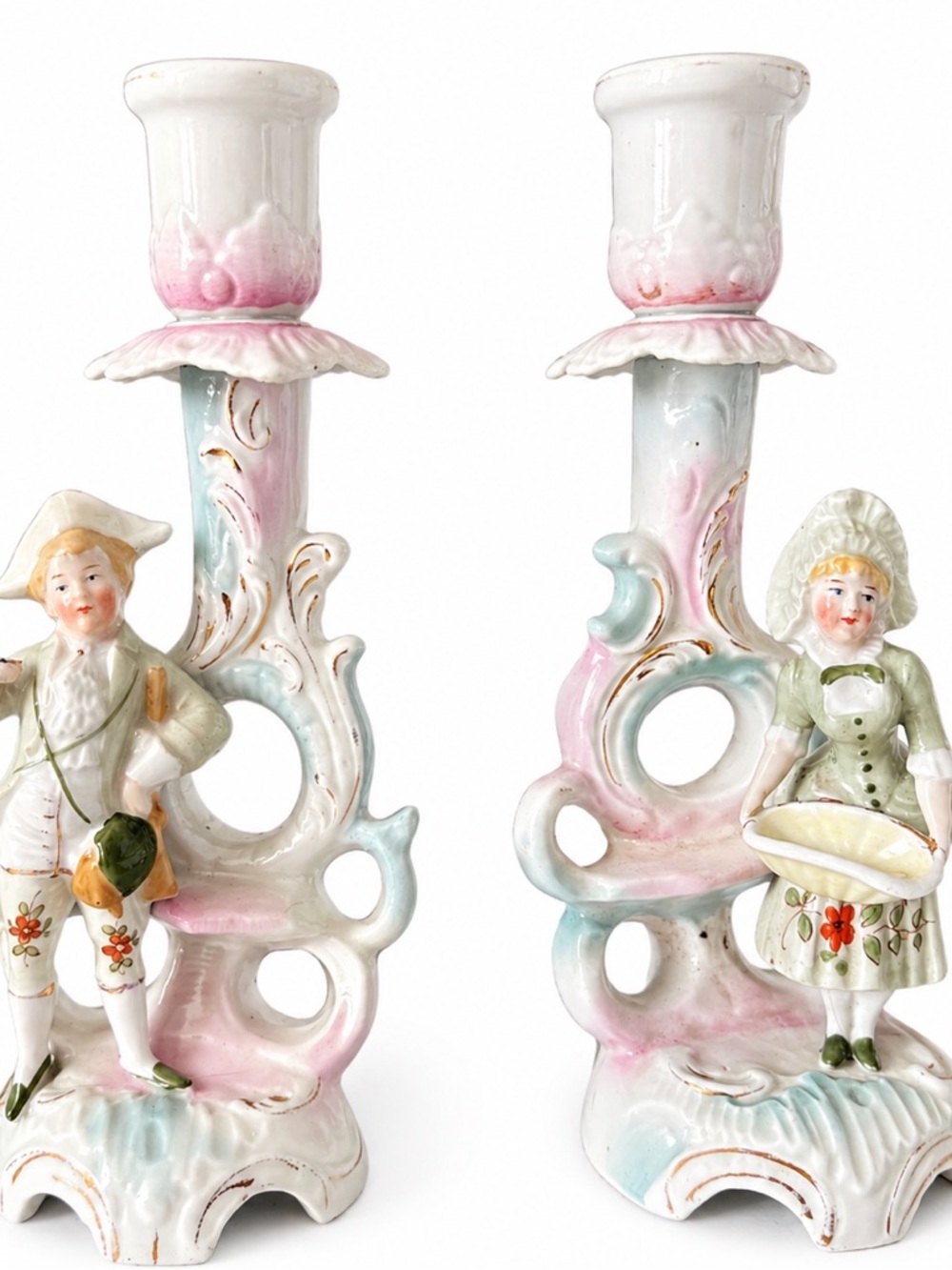 Vintage porcelain candlestick holders pair-pastel Japanese style